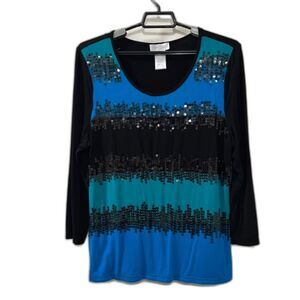 Great Cavalier Blue Black Sequined Scoop Neck Long Sleeve Viscose Spandex Top XL